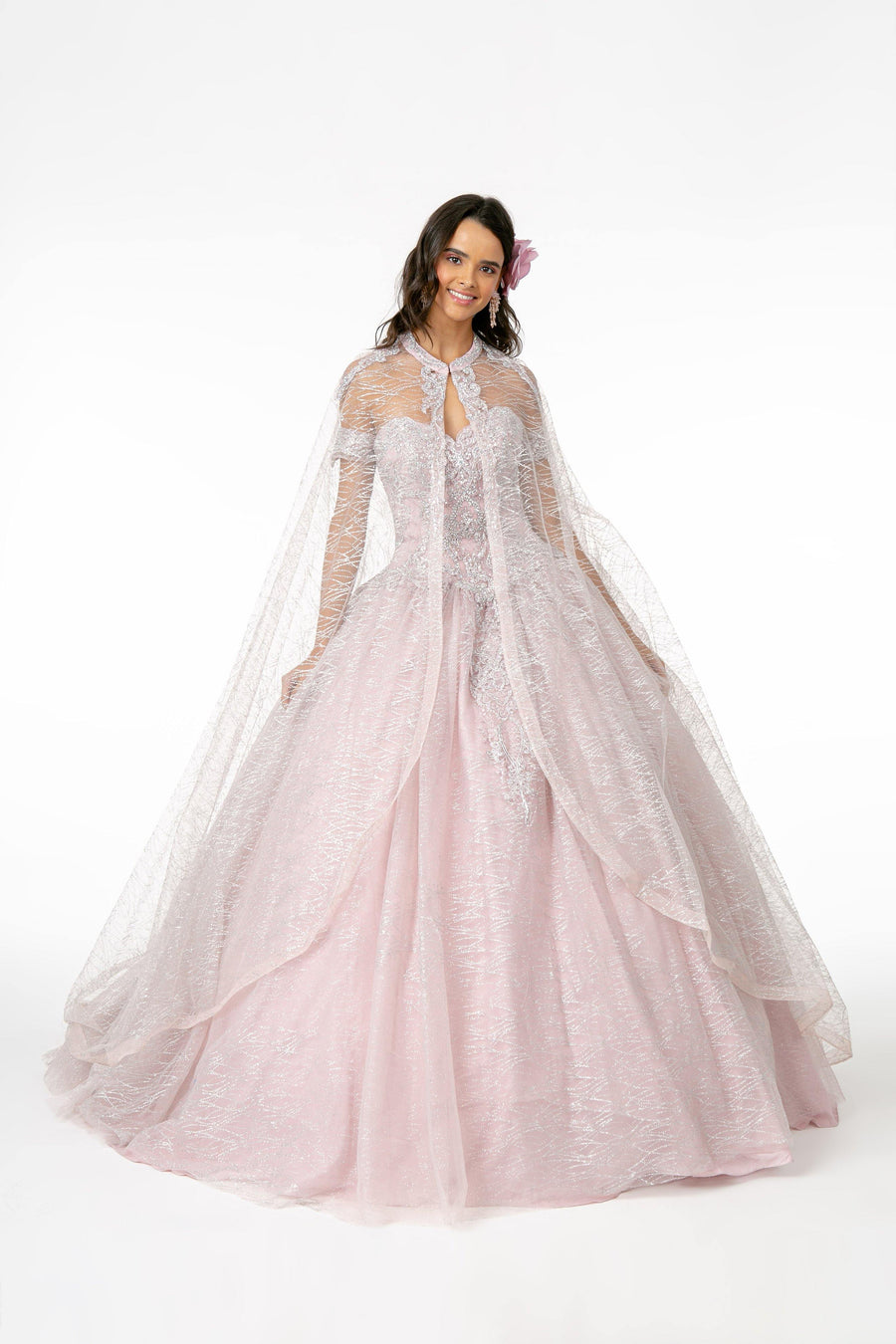 Long Glitter Mesh Quinceanera Dress with Cape - The Dress Outlet Elizabeth K