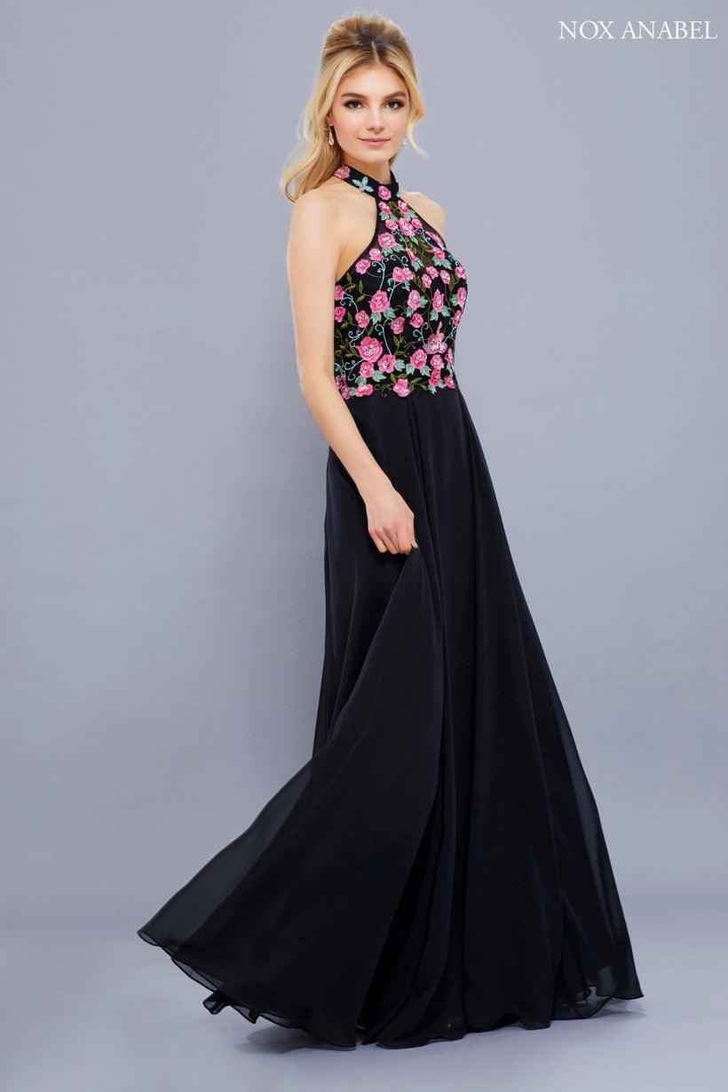 Long Halter Floral Bodice Formal Evening Gown - The Dress Outlet Nox Anabel