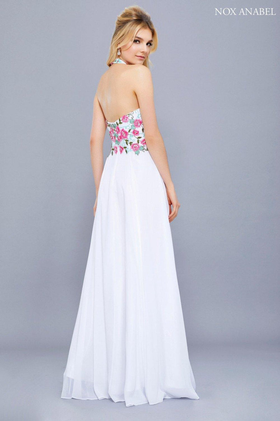 Long Halter Floral Bodice Formal Evening Gown - The Dress Outlet Nox Anabel