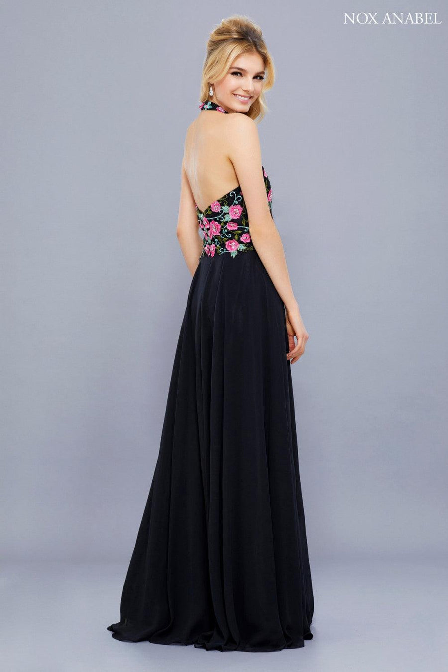 Long Halter Floral Bodice Formal Evening Gown - The Dress Outlet Nox Anabel