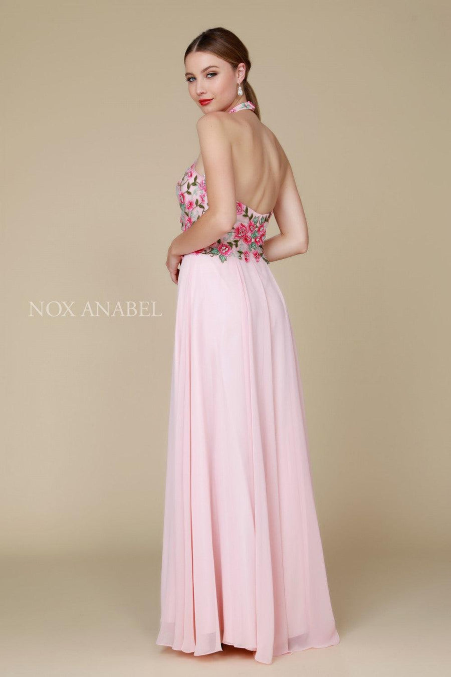 Long Halter Floral Bodice Formal Evening Gown - The Dress Outlet Nox Anabel