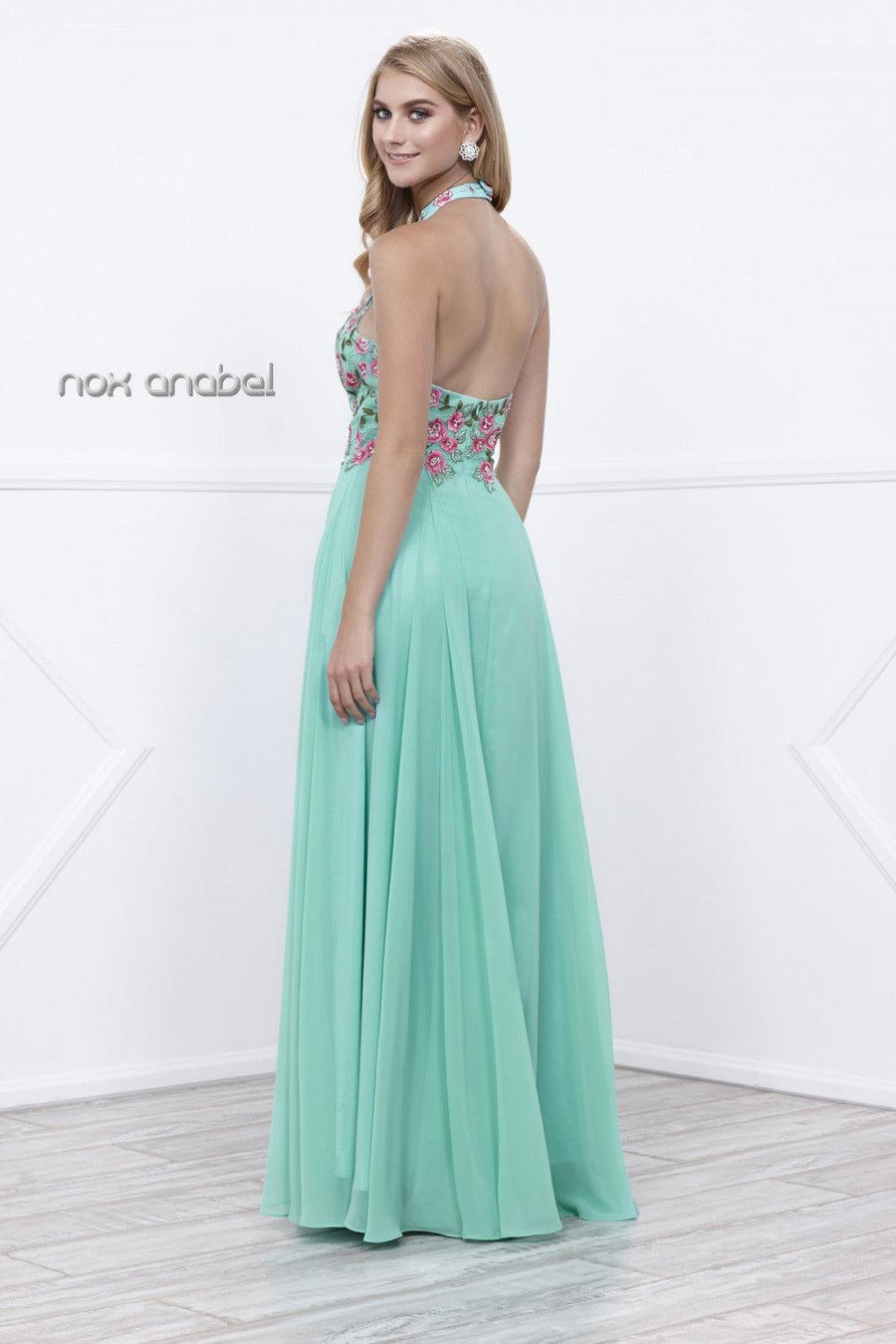 Long Halter Floral Bodice Formal Evening Gown - The Dress Outlet Nox Anabel