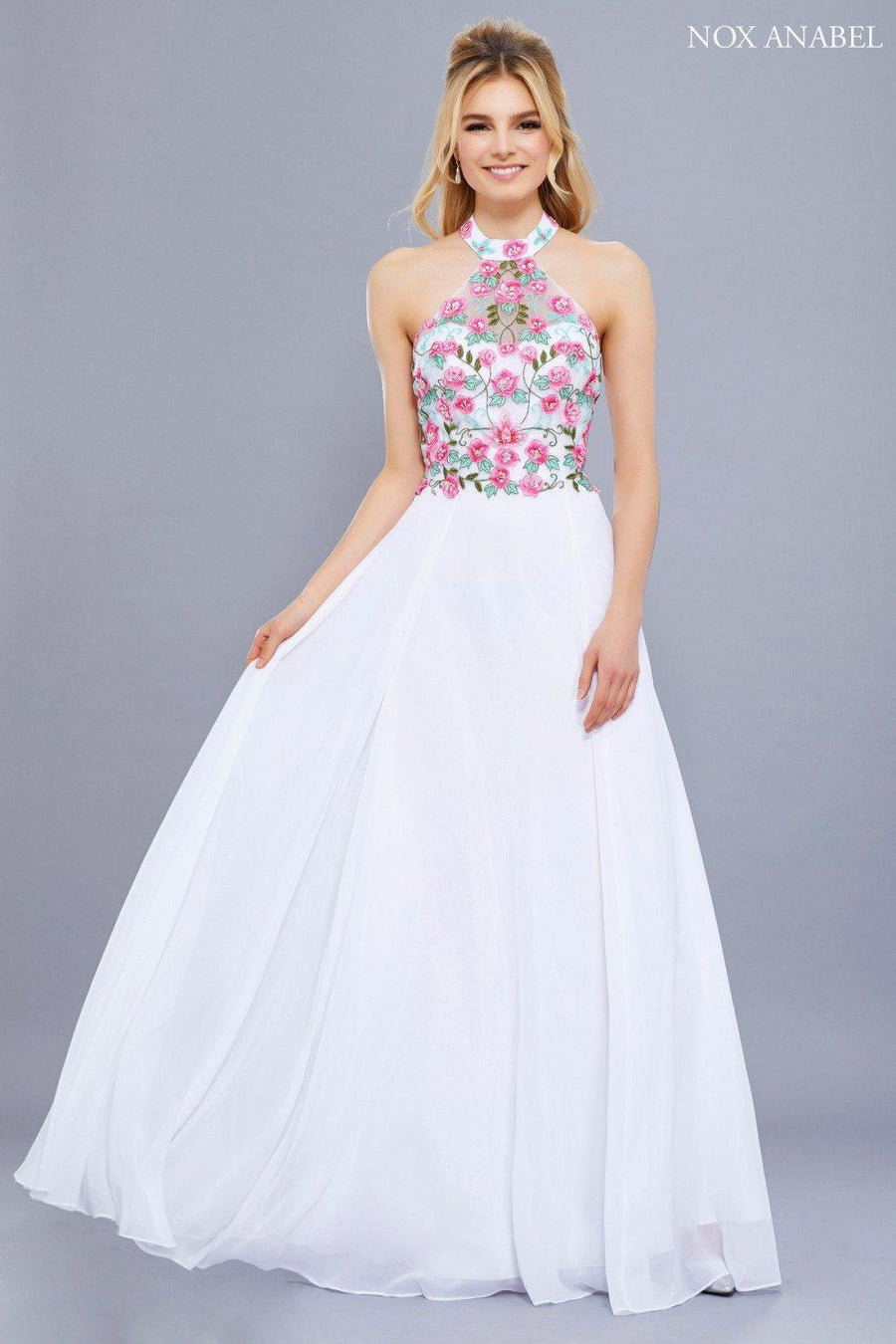 Long Halter Floral Bodice Formal Evening Gown - The Dress Outlet Nox Anabel