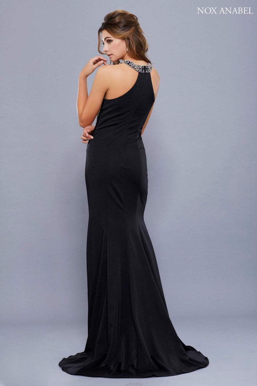 Long Halter Neck Embellished Formal Evening Dress - The Dress Outlet Nox Anabel