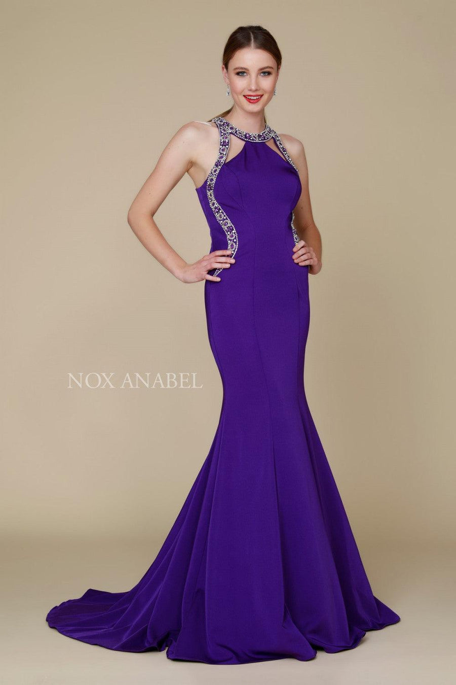 Long Halter Neck Embellished Formal Evening Dress - The Dress Outlet Nox Anabel