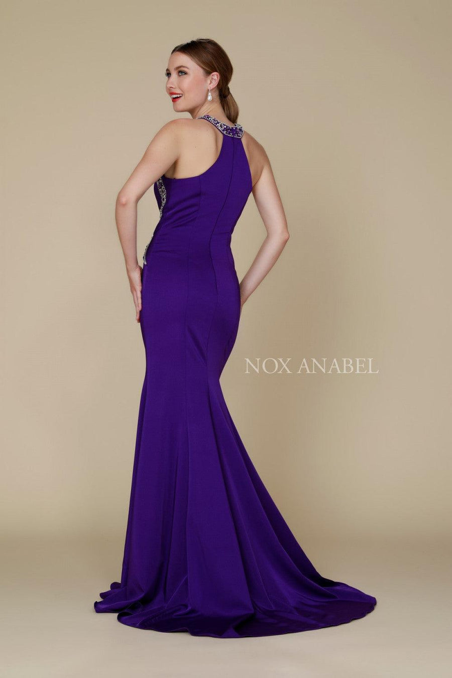 Long Halter Neck Embellished Formal Evening Dress - The Dress Outlet Nox Anabel