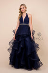 Long Halter V Neck Ruffled Prom Dress Evening Gown Navy