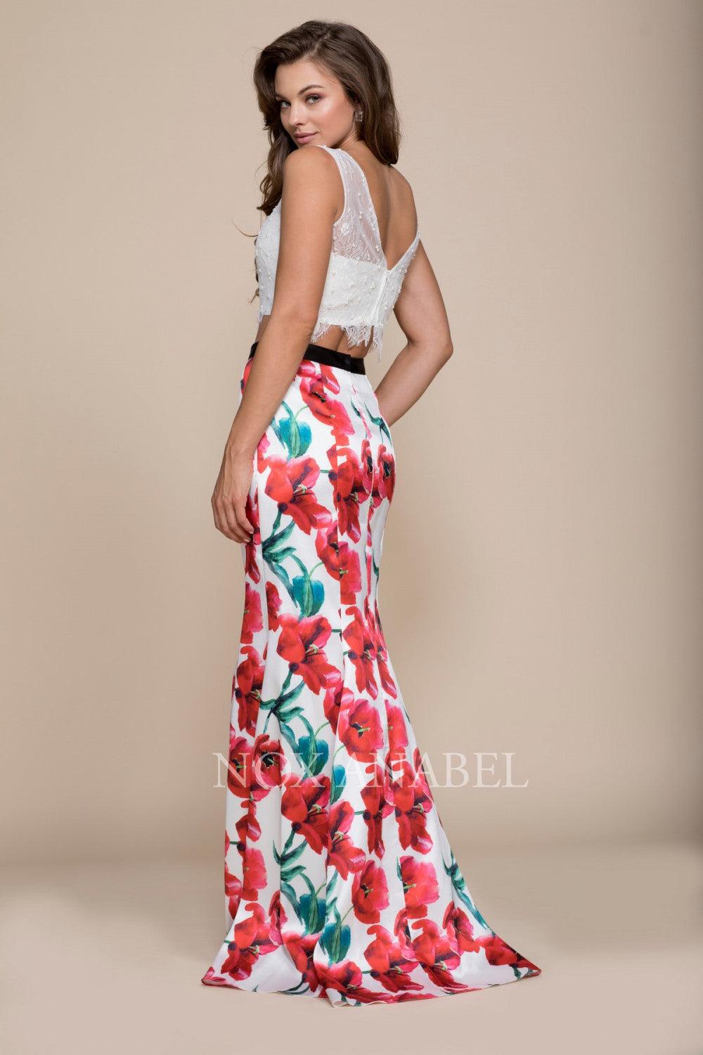 Long High Neck Two Piece Dress With Floral Print Skirt - The Dress Outlet Nox Anabel