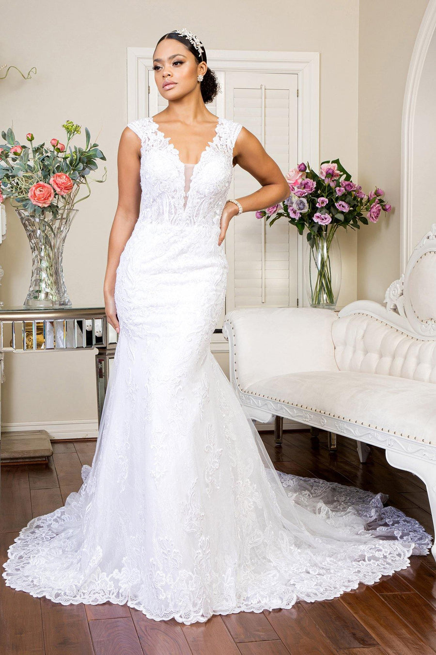 Long Mermaid Tail Lace Wedding Gown - The Dress Outlet