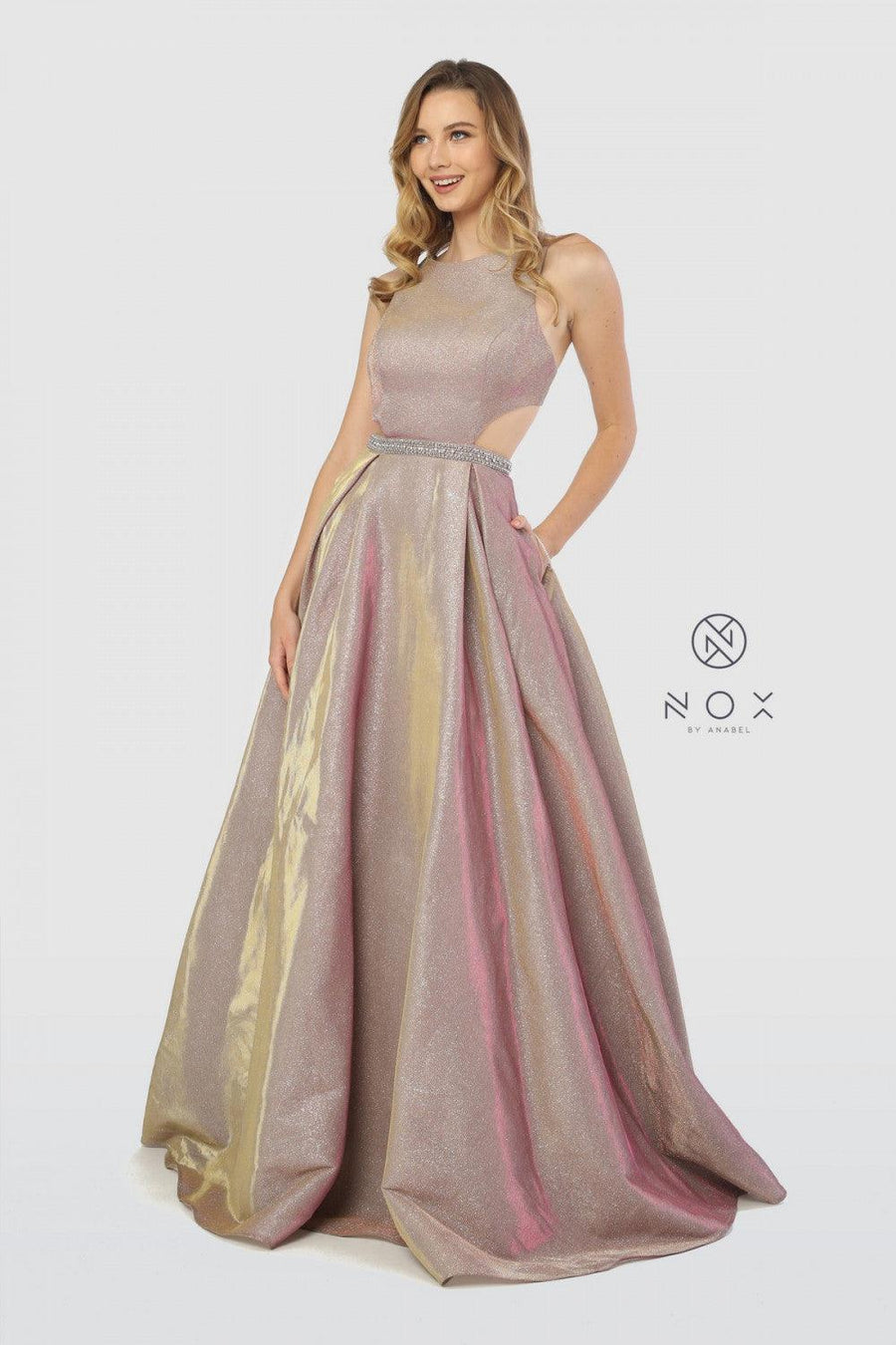 Long Metallic A Line Prom Dress Formal Evening Gown - The Dress Outlet Nox Anabel