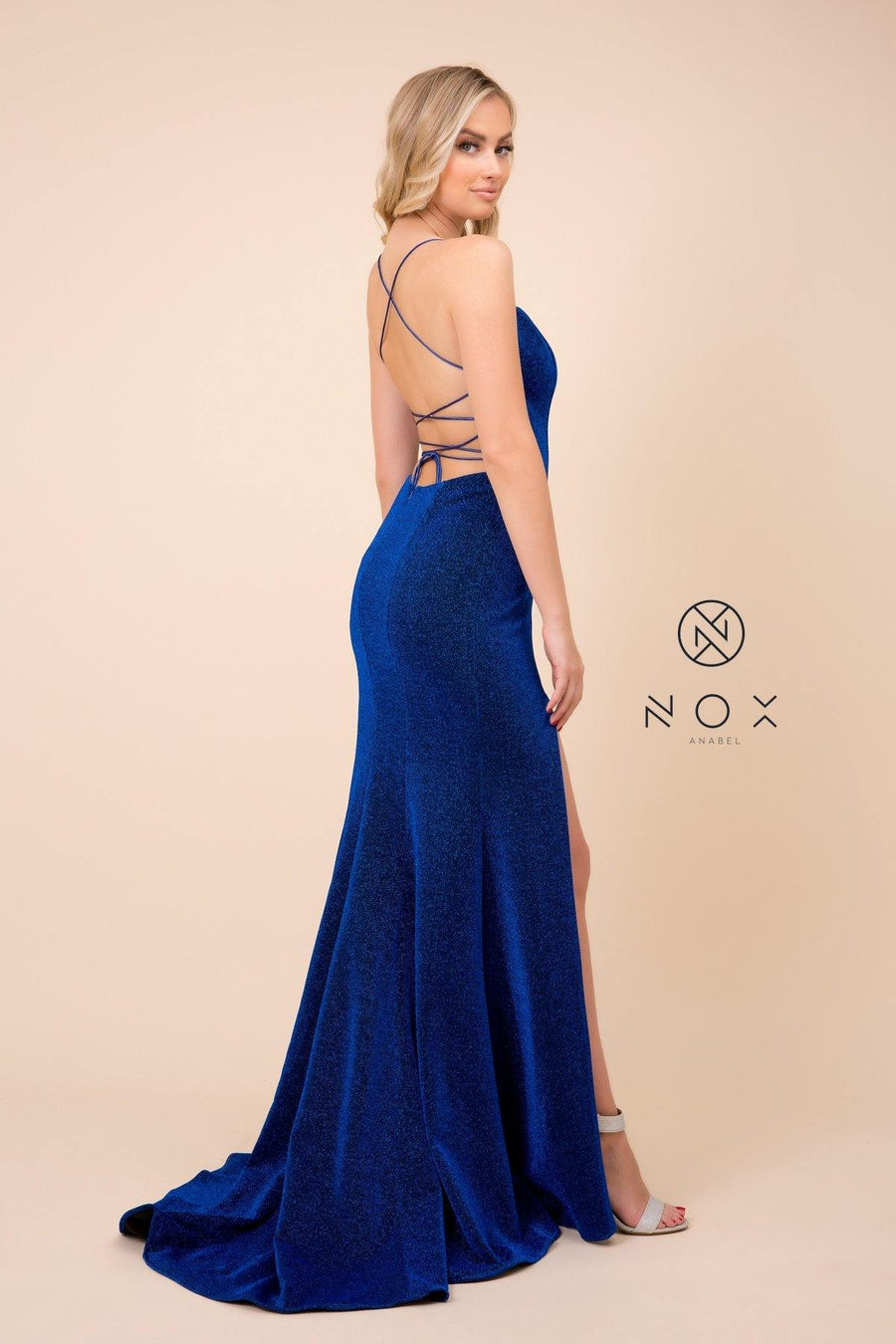 Long Metallic Dress With Corset Back Prom Gown - The Dress Outlet Nox Anabel