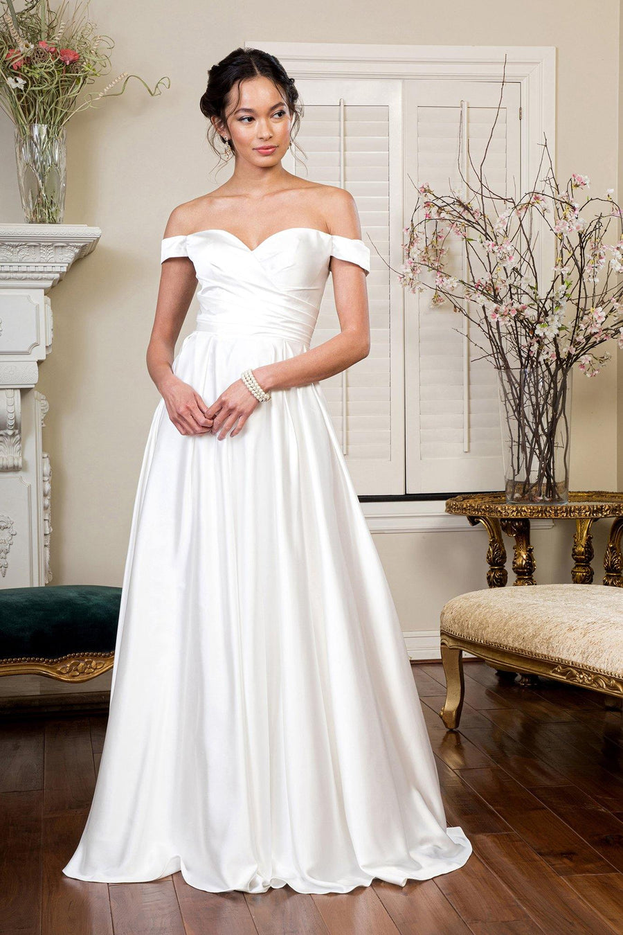 Long Off Shoulder A Line Wedding Gown - The Dress Outlet