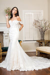 Long Off Shoulder Embroidered Mesh Wedding Gown - The Dress Outlet