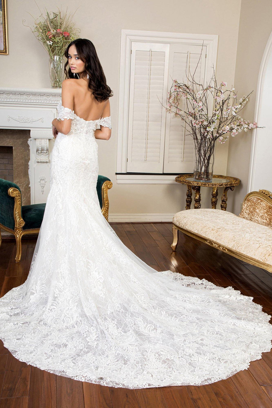 Long Off Shoulder Embroidered Mesh Wedding Gown - The Dress Outlet