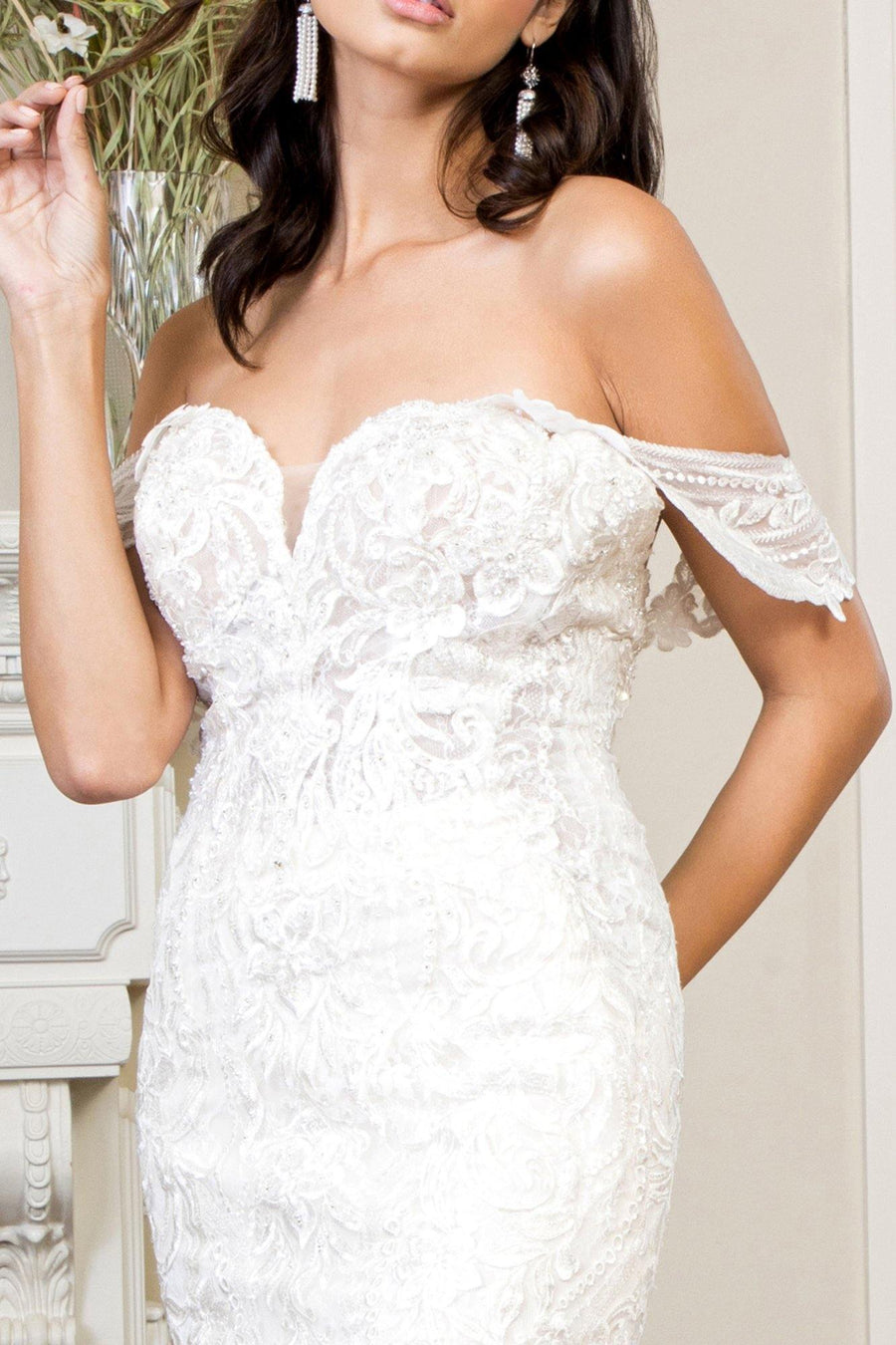 Long Off Shoulder Embroidered Mesh Wedding Gown - The Dress Outlet