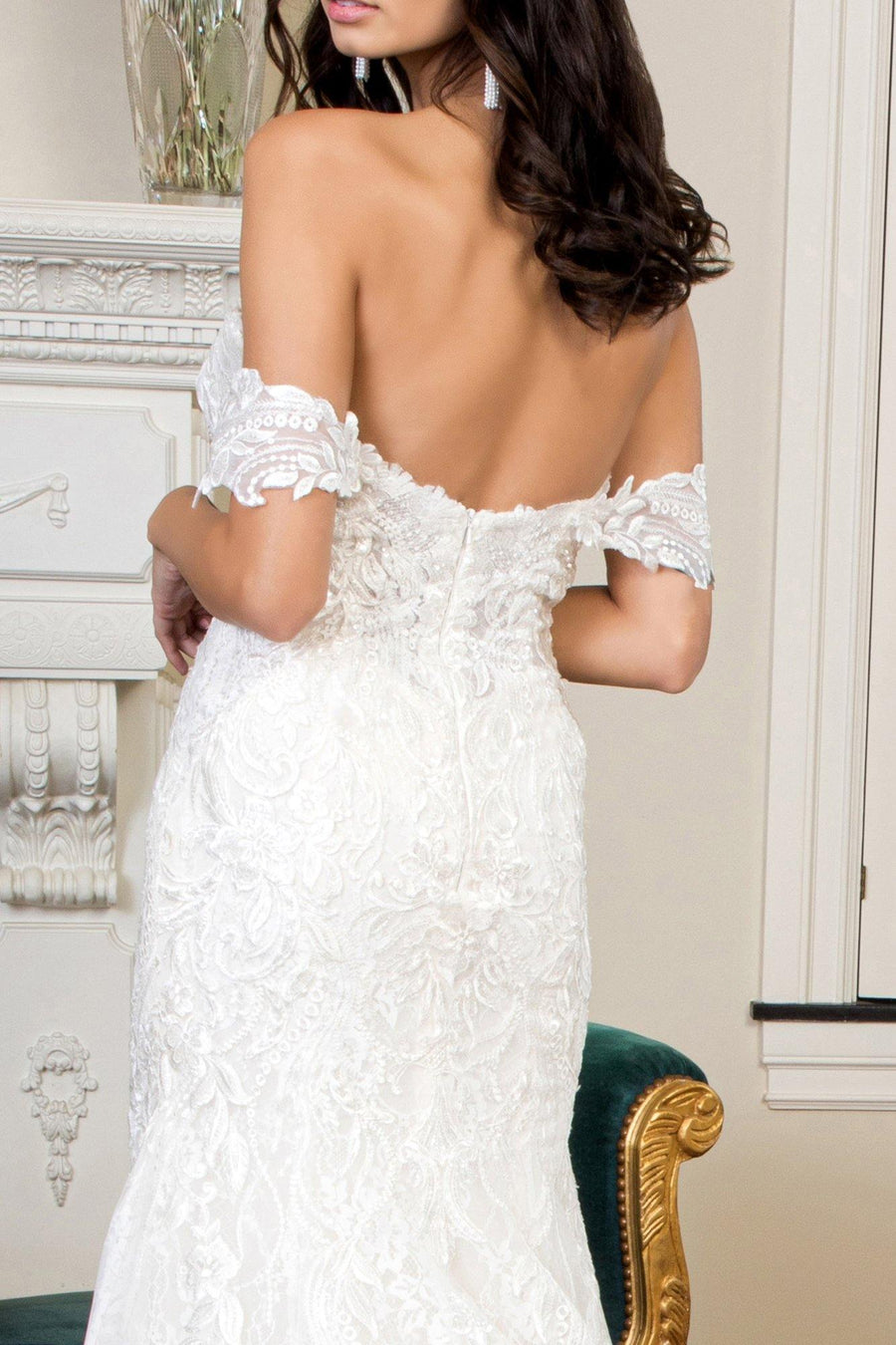 Long Off Shoulder Embroidered Mesh Wedding Gown - The Dress Outlet