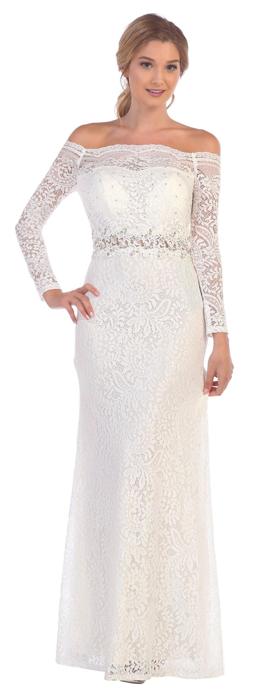 Off White 3XL Eva 3287 Long Off Shoulder Formal Lace Dress Sale