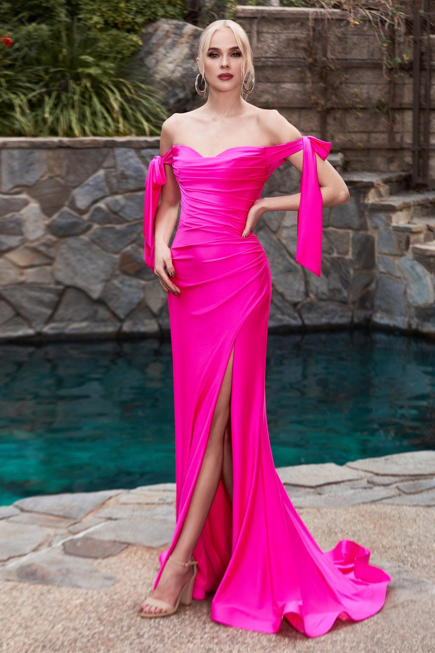 Cinderella Divine CD943 Off Shoulder Formal Prom Long Dress Fuchsia