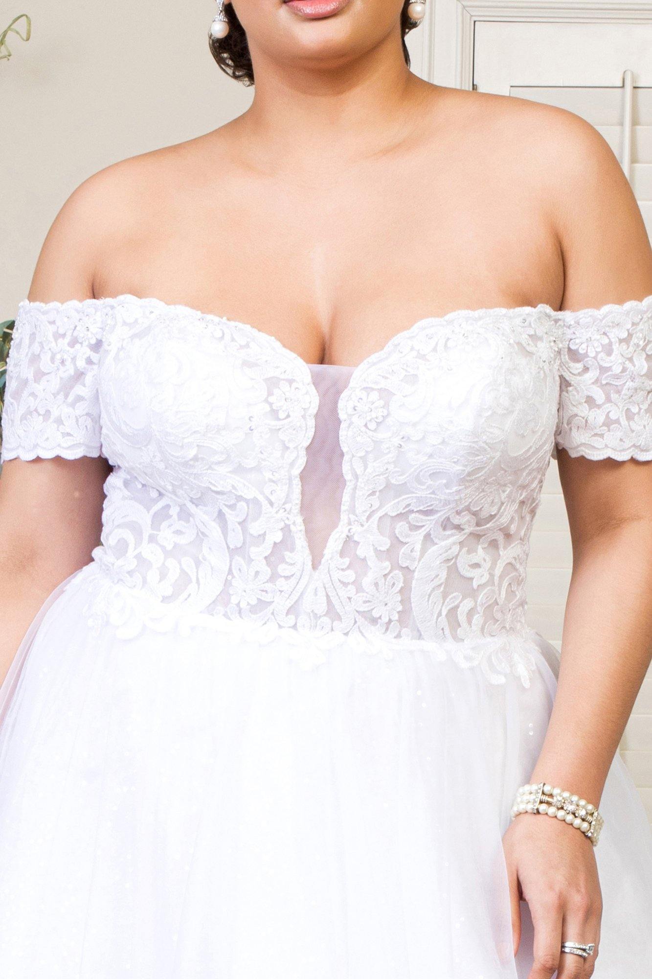 White Long Off Shoulder Glitter Mesh Wedding Gown for $596.99 – The Dress  Outlet
