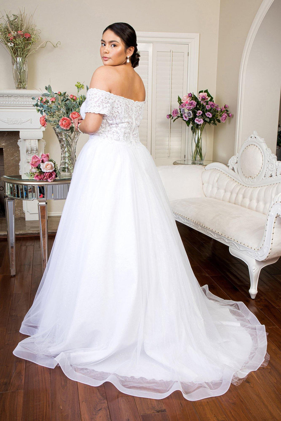 Long Off Shoulder Glitter Mesh Wedding Gown - The Dress Outlet