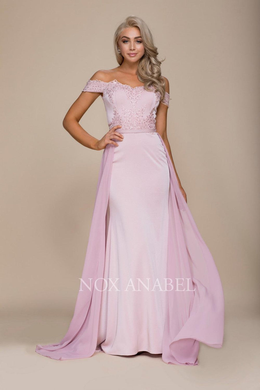 Long Off The Shoulder Embroidered Prom Dress - The Dress Outlet Nox Anabel