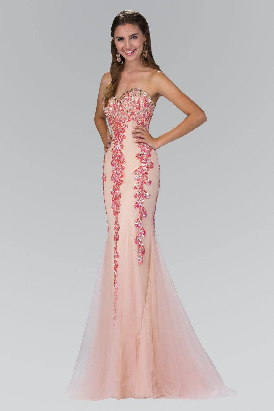 Long Prom Dress Accented with Sequin and Tulle Overlay - The Dress Outlet Elizabeth K