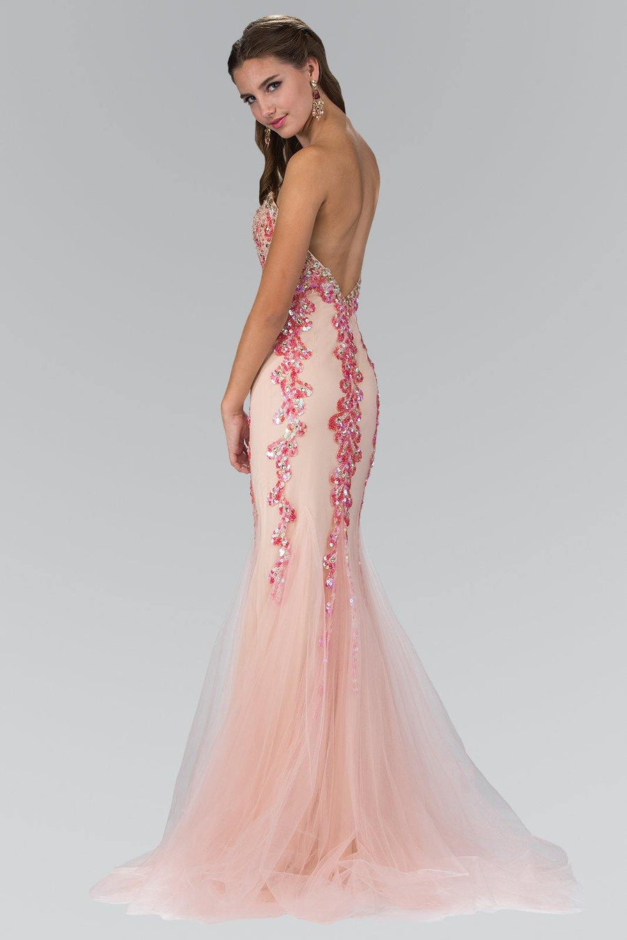 Long Prom Dress Accented with Sequin and Tulle Overlay - The Dress Outlet Elizabeth K