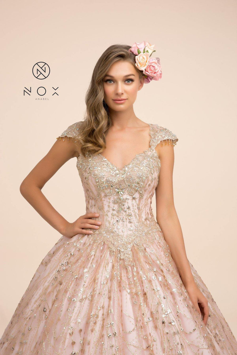 Long Prom Dress Glitter Mesh Ball Gown - The Dress Outlet Nox Anabel