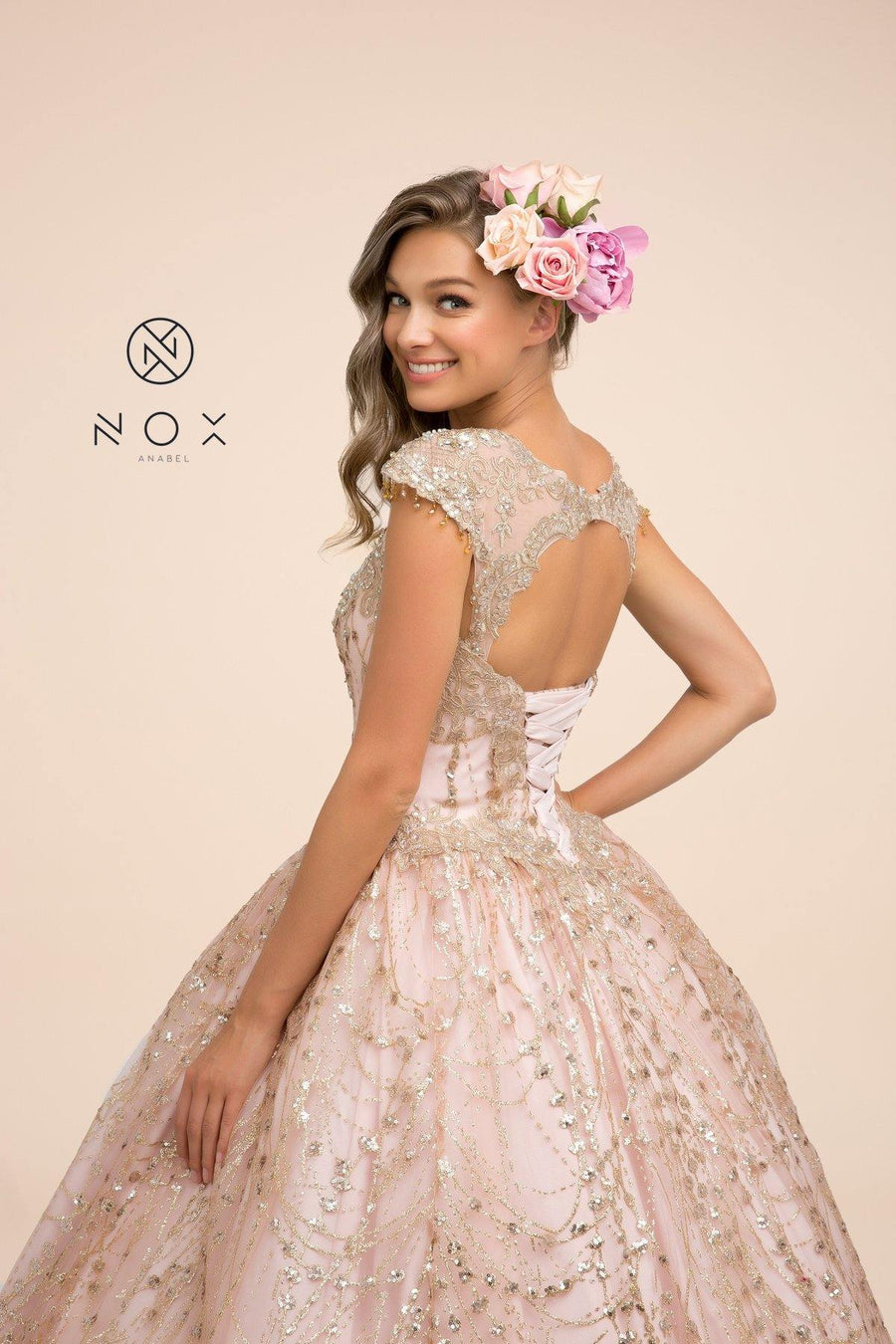 Long Prom Dress Glitter Mesh Ball Gown - The Dress Outlet Nox Anabel