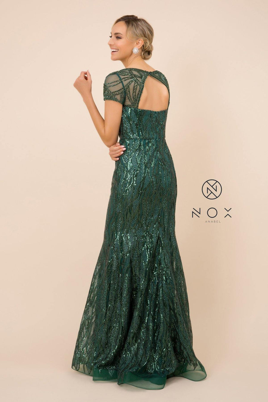 Long Prom Dress Sequin Print Trumpet Gown Emerald