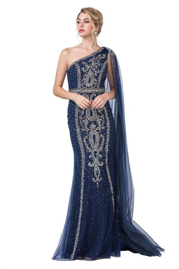 Long Prom Formal One Shoulder Cape Dress - The Dress Outlet