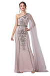 Long Prom Formal One Shoulder Cape Dress - The Dress Outlet