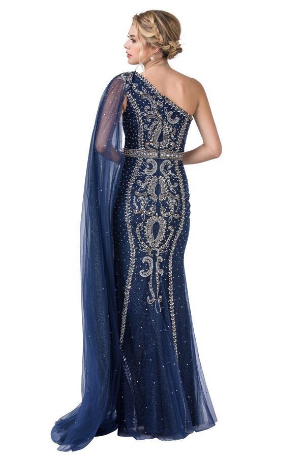 Long Prom Formal One Shoulder Cape Dress - The Dress Outlet