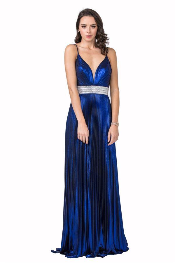 Long Prom Formal Pleated Metallic Evening Gown - The Dress Outlet