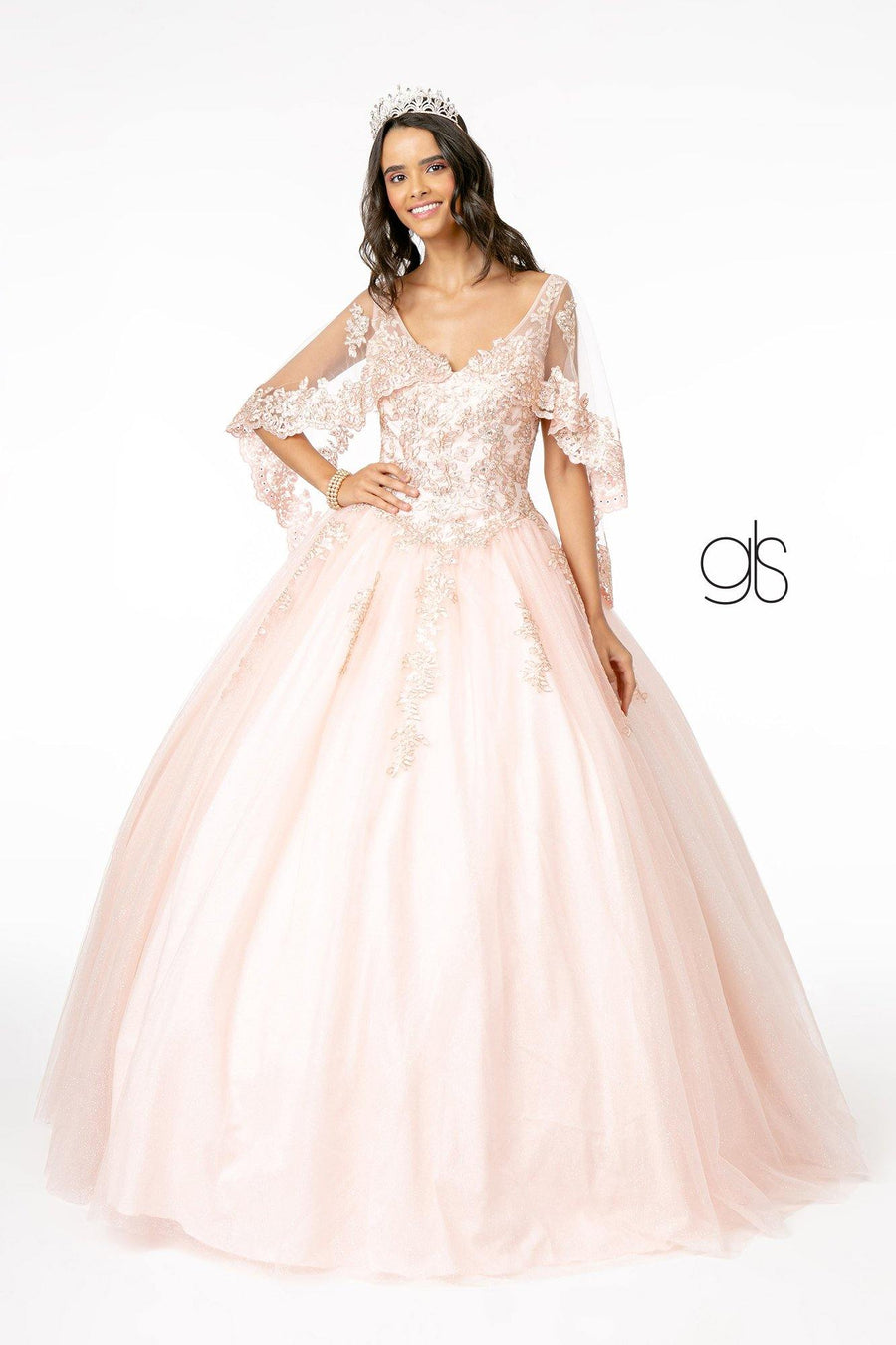 Long Quinceanera Glitter Mesh Ball Gown Cape Sleeve - The Dress Outlet Elizabeth K