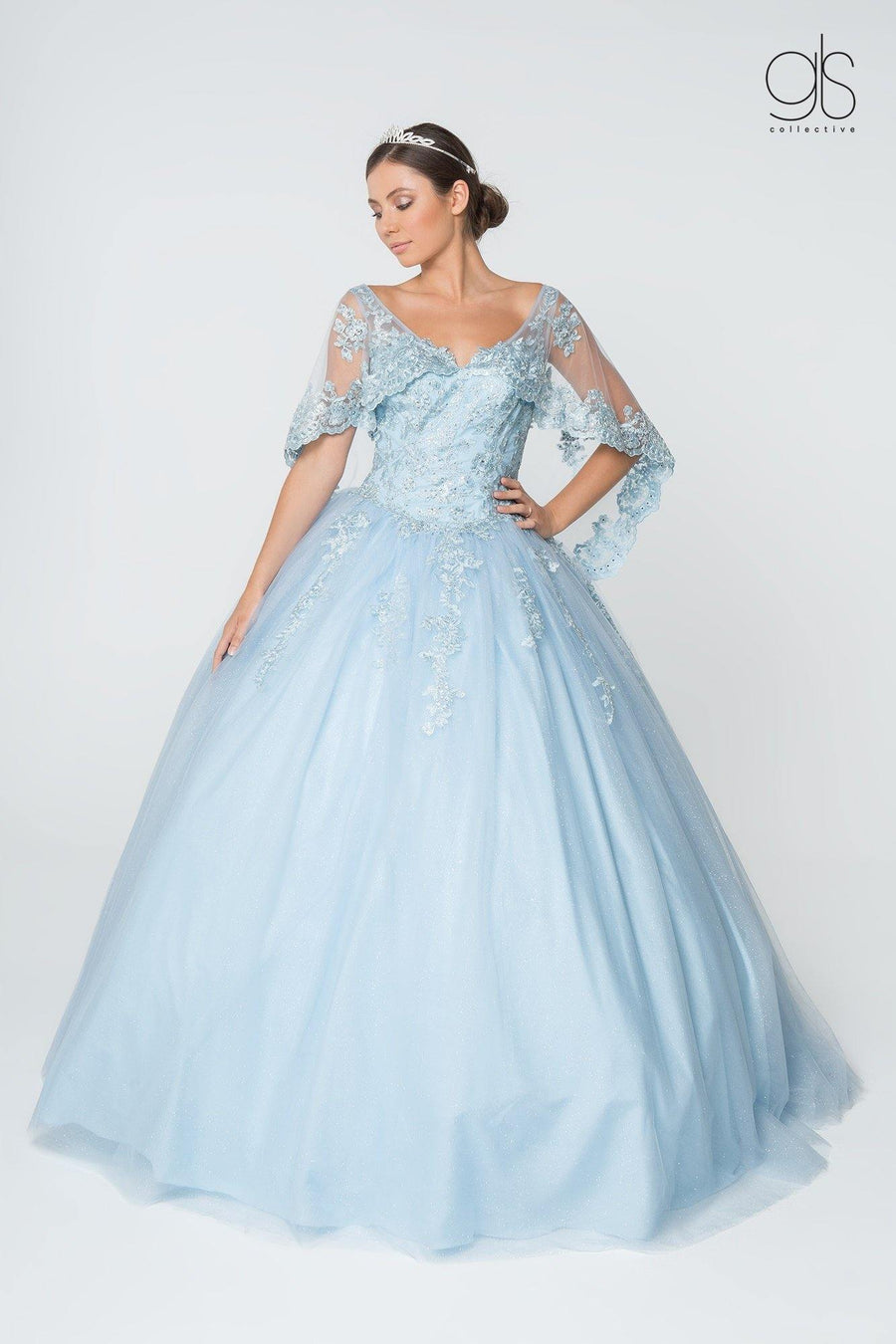 Long Quinceanera Glitter Mesh Ball Gown Cape Sleeve - The Dress Outlet Elizabeth K