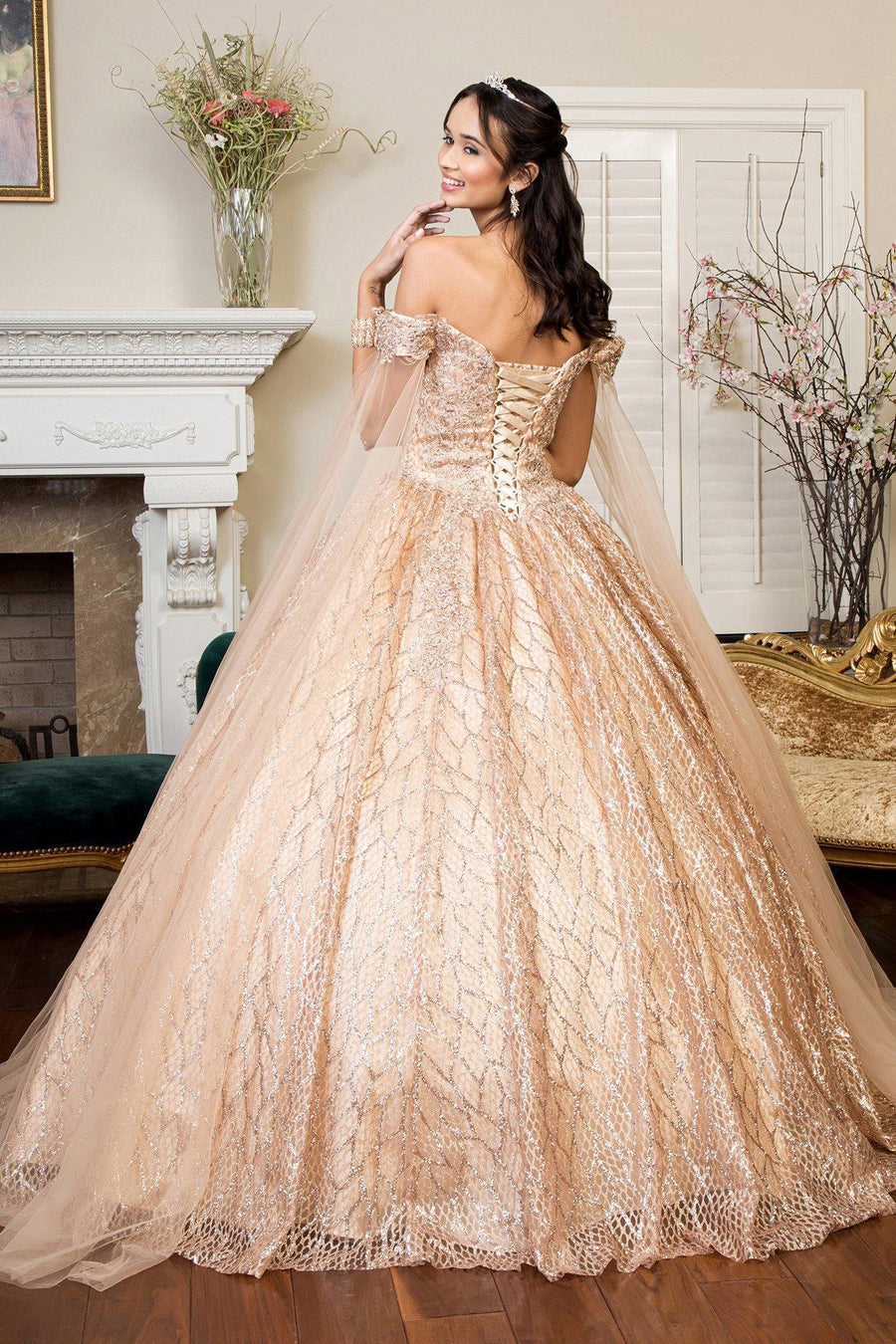 Long Quinceanera Off Shoulder Glitter Sweet 16 Gown - The Dress Outlet