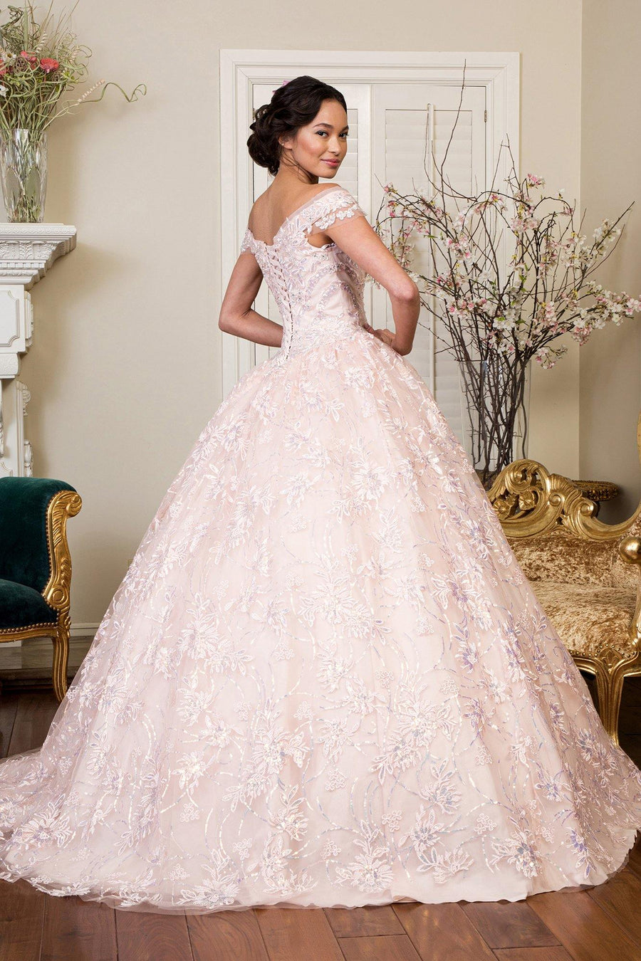 Long Quinceanera Sweet 16 Off Shoulder Ball Gown - The Dress Outlet