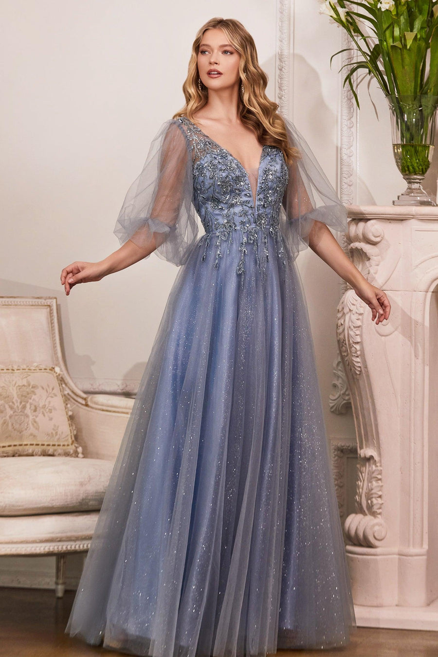 Cinderella Divine CD0182 Long Sleeve Mother of the Bride Long Tulle Dress Smoky Blue