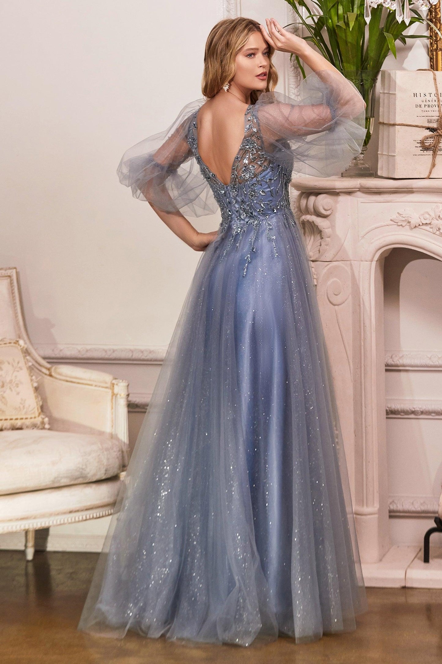 Cinderella Divine CD0182 Long Sleeve Mother of the Bride Long Tulle Dress Smoky Blue