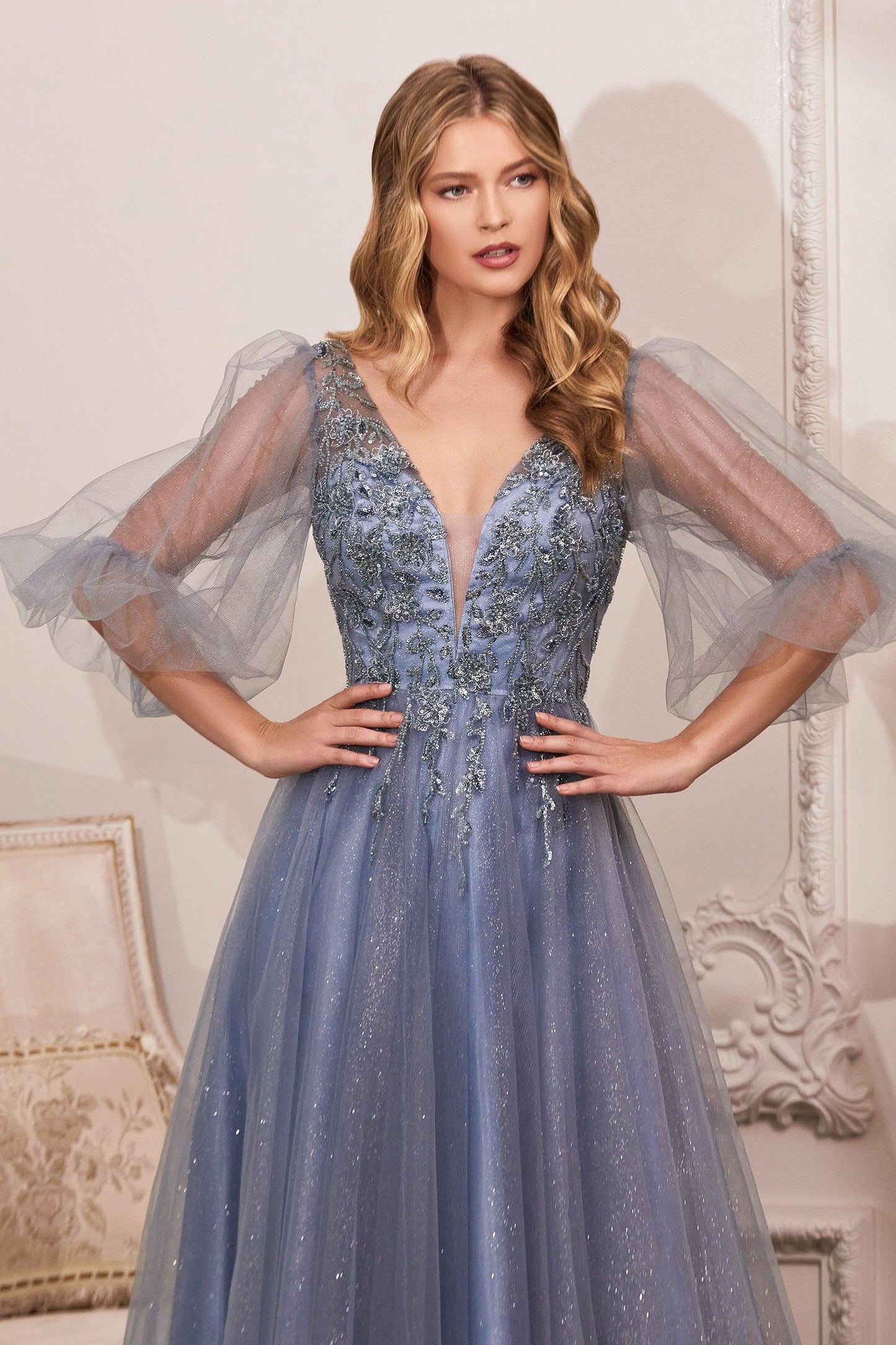 Cinderella Divine CD0182 Long Sleeve Mother of the Bride Long Tulle Dress Smoky Blue