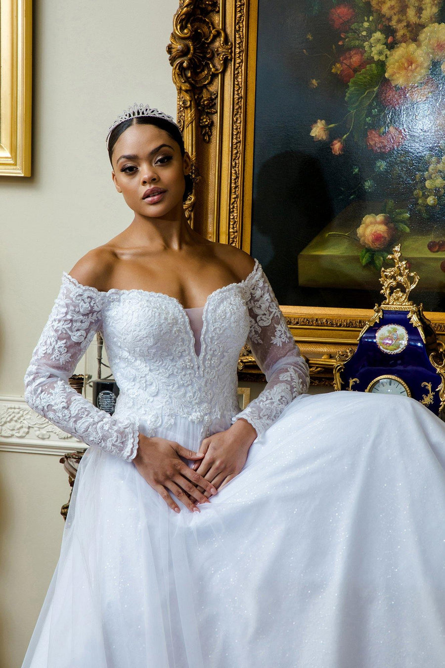 Long Sleeve Off Shoulder Mesh Wedding Gown - The Dress Outlet