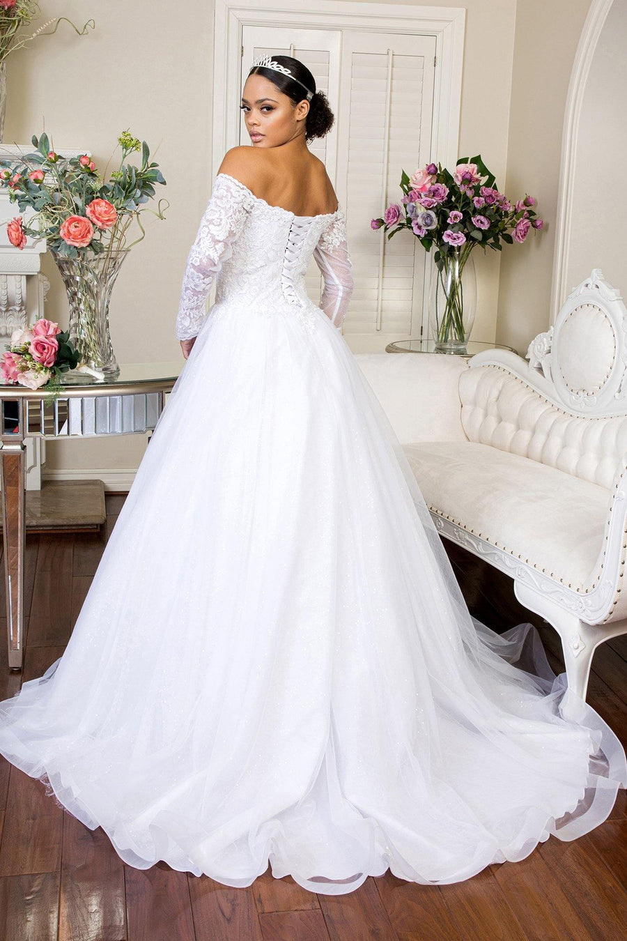 Long Sleeve Off Shoulder Mesh Wedding Gown - The Dress Outlet