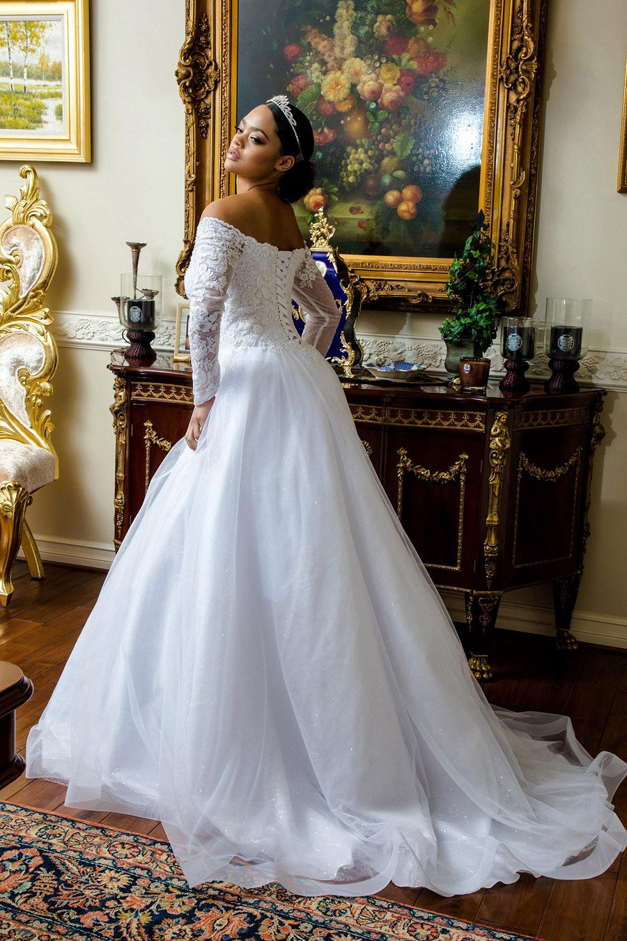 Long Sleeve Off Shoulder Mesh Wedding Gown - The Dress Outlet