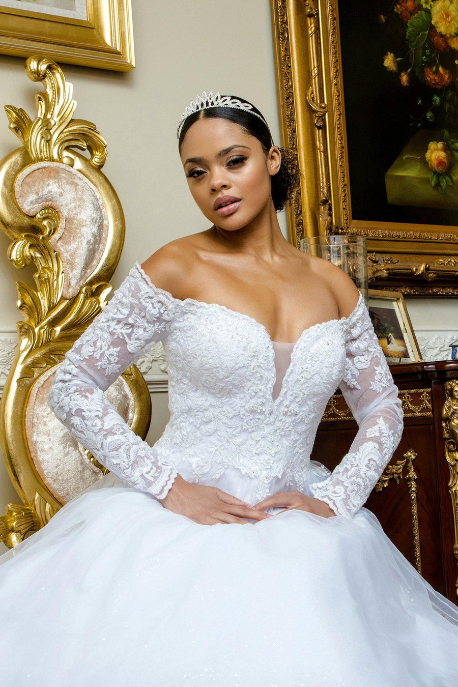 Long Sleeve Off Shoulder Mesh Wedding Gown - The Dress Outlet