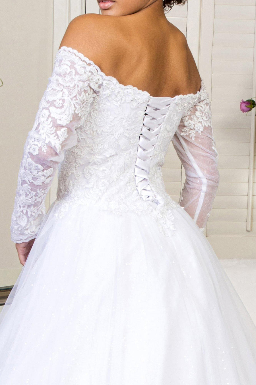 Long Sleeve Off Shoulder Mesh Wedding Gown - The Dress Outlet