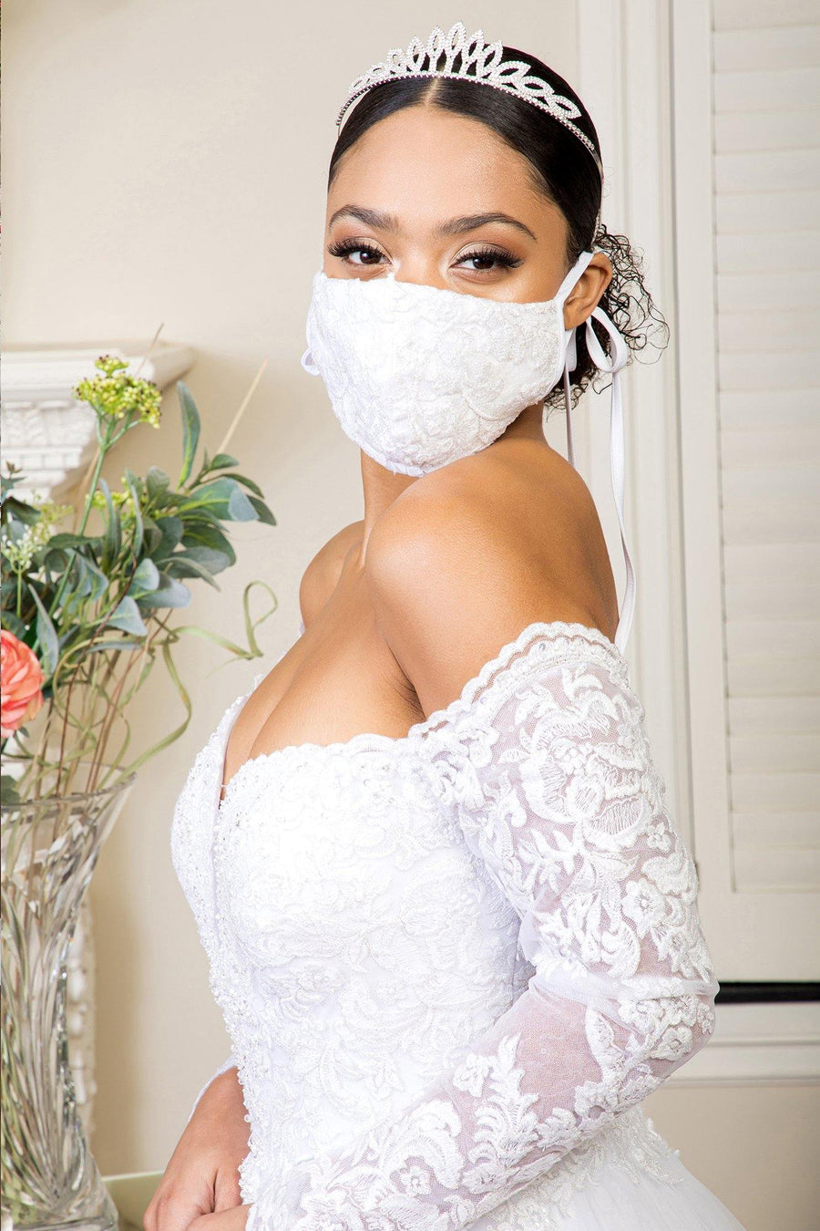 Long Sleeve Off Shoulder Mesh Wedding Gown - The Dress Outlet