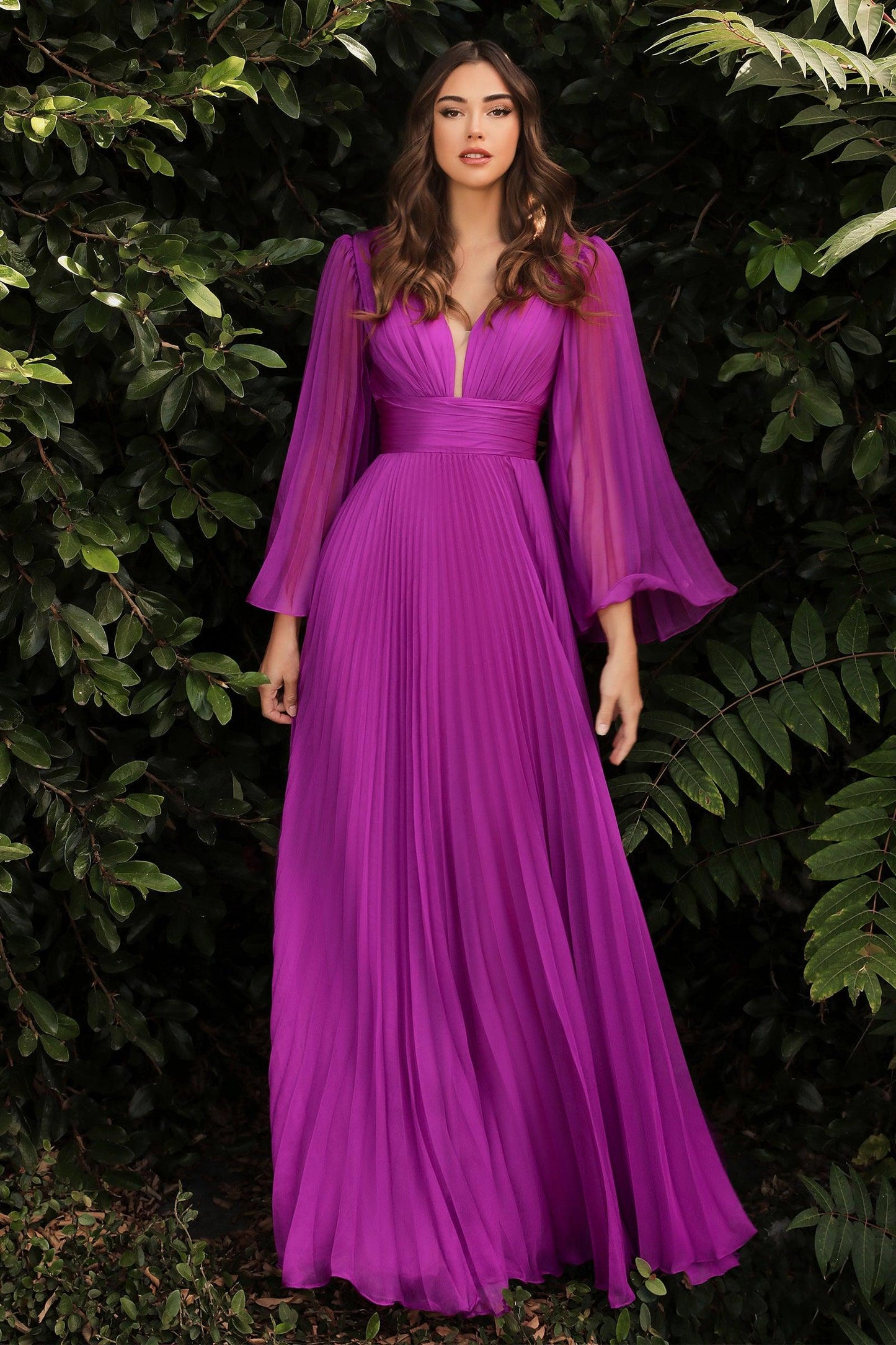 Cinderella Divine CD242 Long Sleeve Pleated Formal Prom Dress Orchid