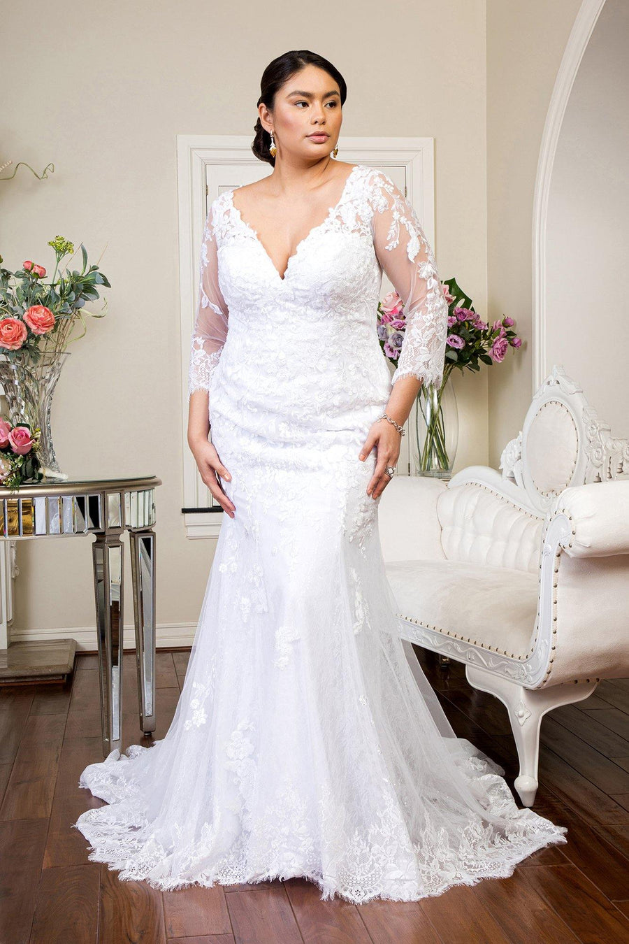 Long Sleeve Sheer Back Mesh Bridal Gown - The Dress Outlet