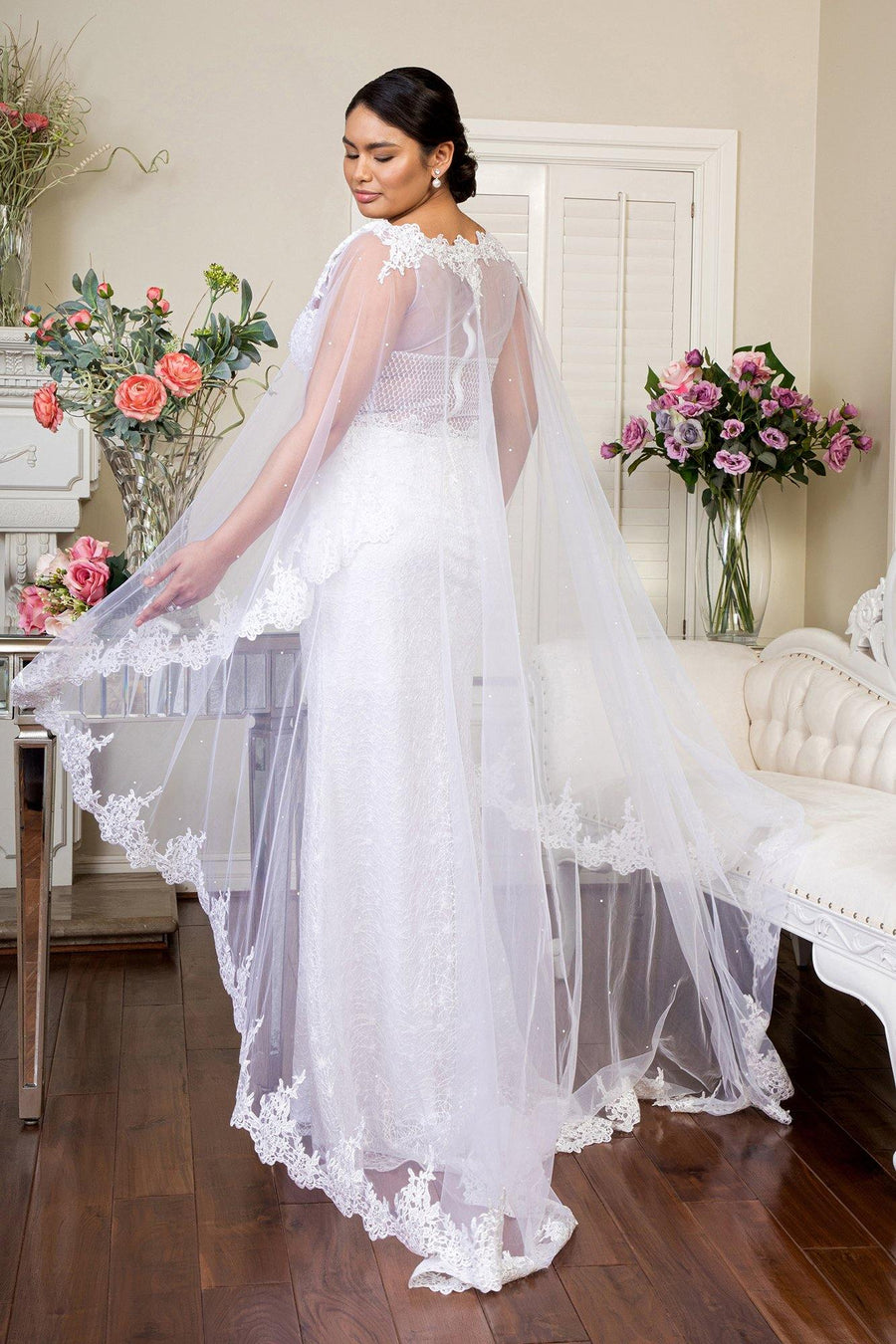 Long Sleeveless Cape Lace Wedding Gown - The Dress Outlet